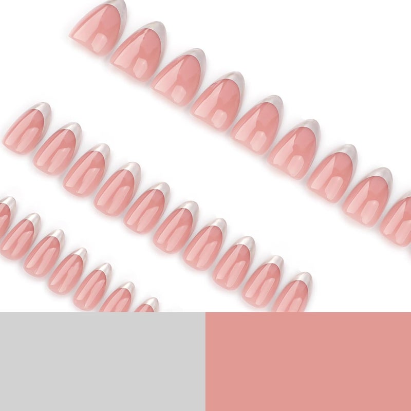 CTTHNBD Almond Press on Nails Short Fake Nails Silver French Tip with Glossy Design Full Cover Stick on Acrylic False Nails for Women Manicure 24Pcs - Image 3